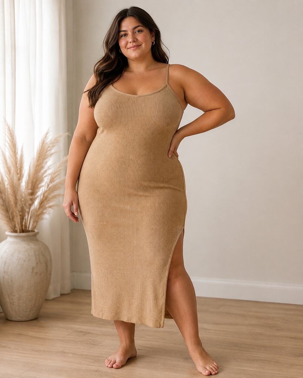 Wild Fable Tan Ribbed Knit Sweater Tank Dress Women’s X Stretchy Sleeveless Midi